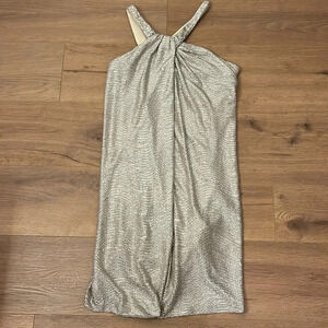 Boston Proper | Silver shimmery wrap style dress asymmetrical Size 4 rhinestones